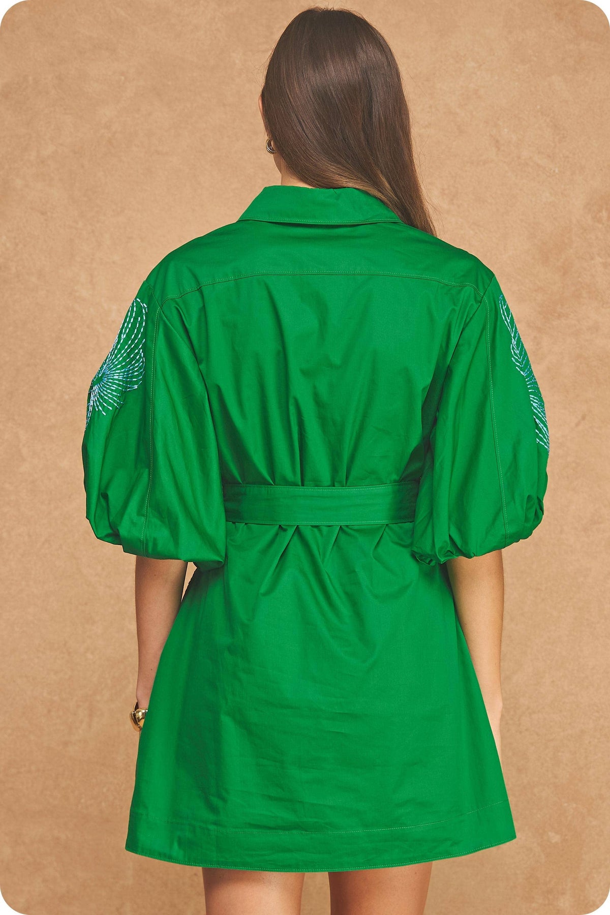 Embroidered Puff Sleeve Belted Mini Shirt Dress