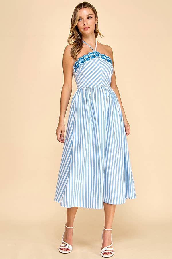 Scalloped halter neckline midi dress with embroidery detail