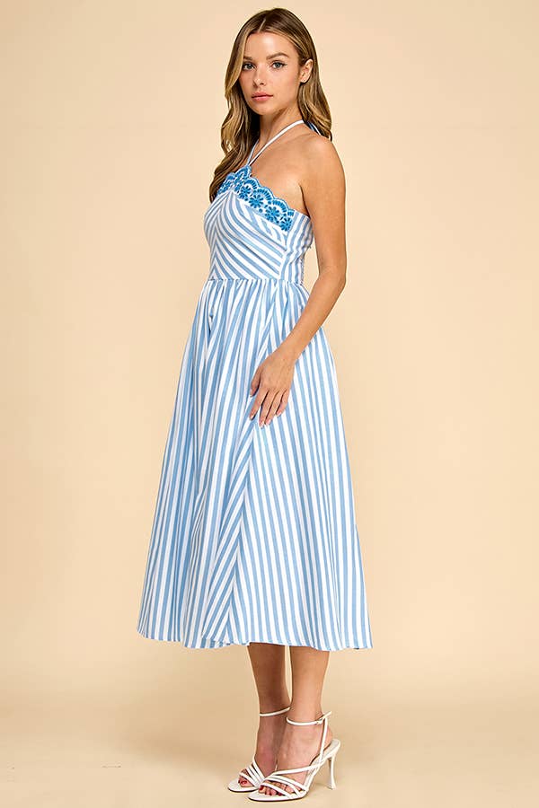 Scalloped halter neckline midi dress with embroidery detail