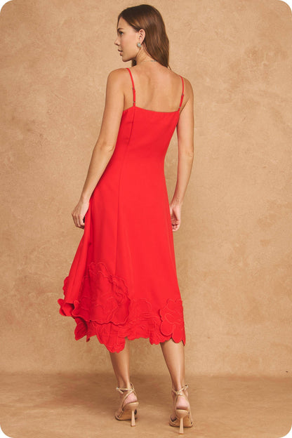 3D Floral Appliqué Sleeveless Square Neck Midi Dress