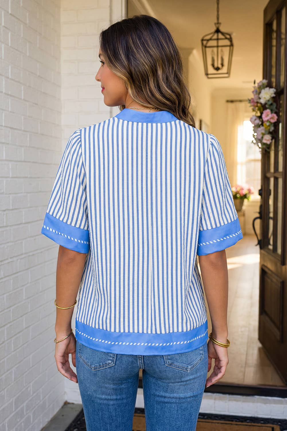 LAS Stripe Color Block Detail V Neck Blouse (S-XL)