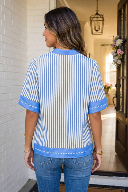 LAS Stripe Color Block Detail V Neck Blouse (S-XL)