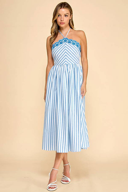 Scalloped halter neckline midi dress with embroidery detail