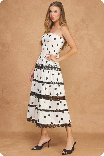Polka Dot Lace Trim Detail Tube Long Dress