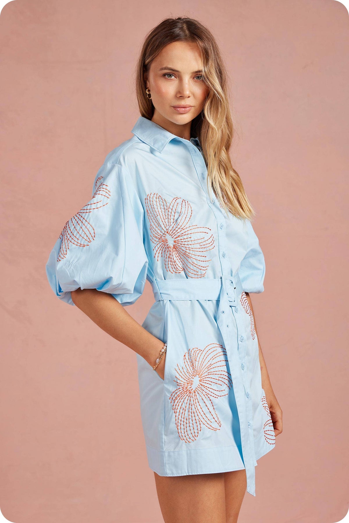 Embroidered Puff Sleeve Belted Mini Shirt Dress