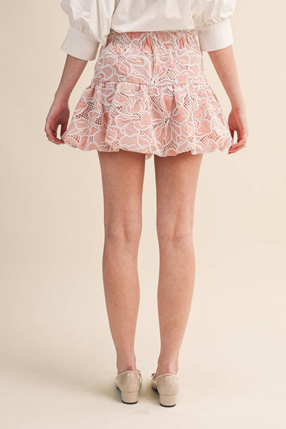 FLORAL EMBROIDERED LACE BUBBLE HEM MINI SKIRT MSK4626