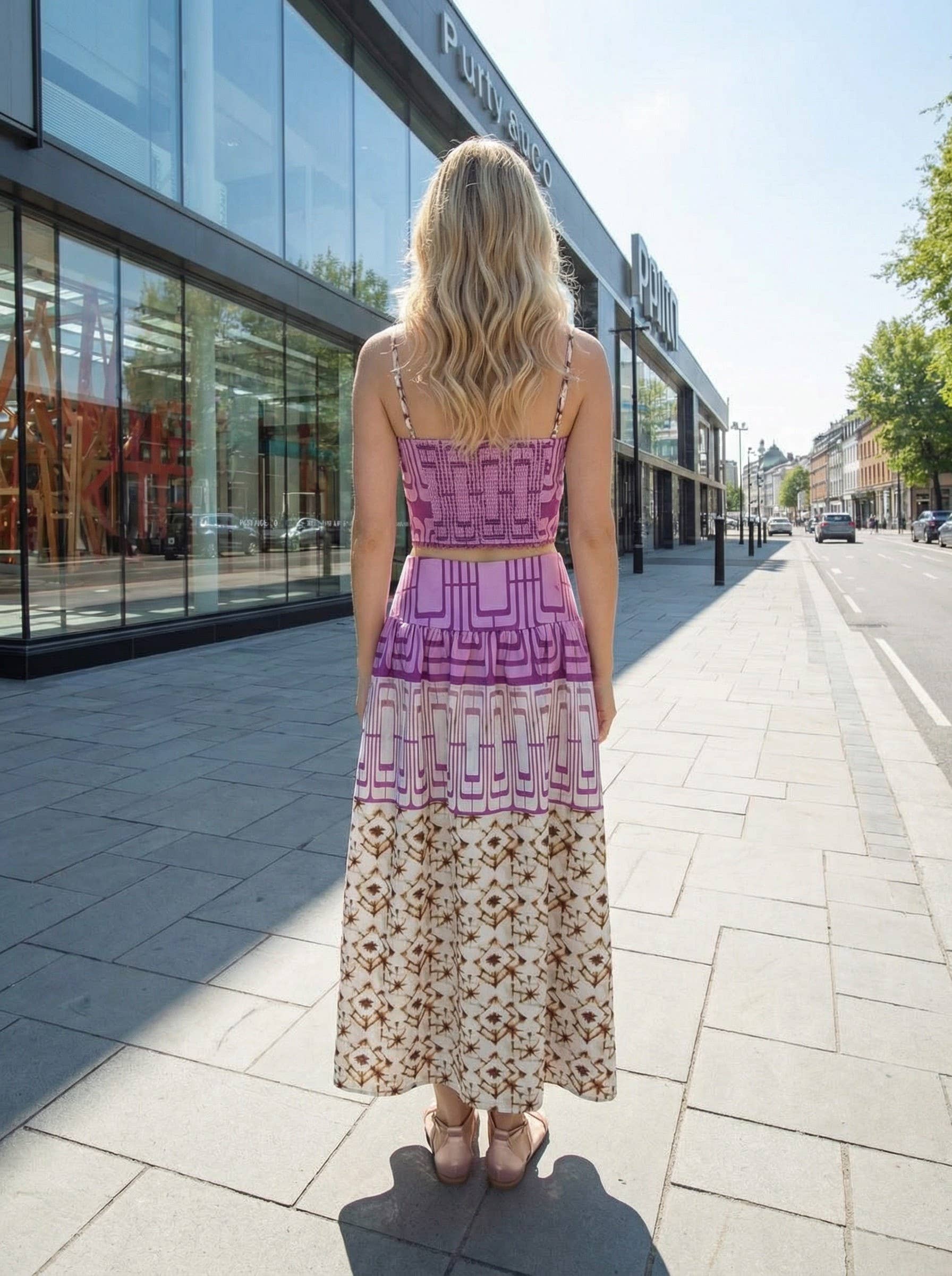 Geometric printed crop top and midi skirt set