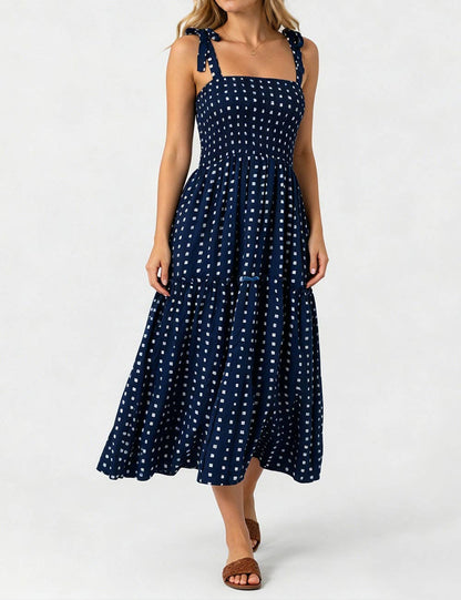 Ladies Abstract Print Smocked Tie Strap Square Neck Midi Dress