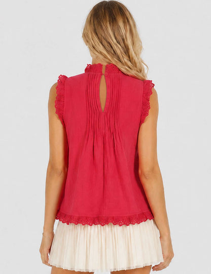 Ladies Boho Eyelet Lace Pleated Round Neck Sleeveless Babydoll Top