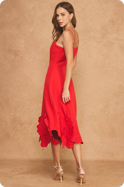 3D Floral Appliqué Sleeveless Square Neck Midi Dress
