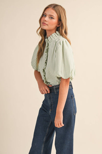 STRIPED RUFFLED BUTTON DOWN TOP MTP4692
