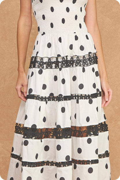 Polka Dot Lace Trim Detail Tube Long Dress