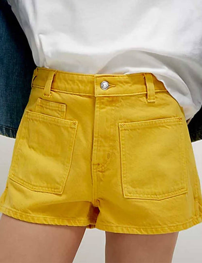 Ladies Solid Color Button Pocket Shorts