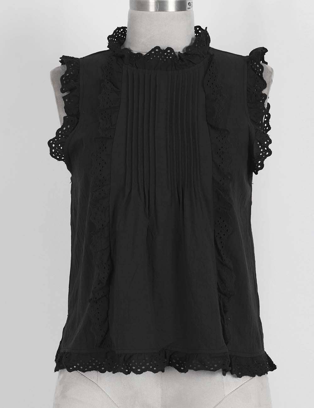 Ladies Boho Eyelet Lace Pleated Round Neck Sleeveless Babydoll Top