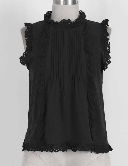 Ladies Boho Eyelet Lace Pleated Round Neck Sleeveless Babydoll Top