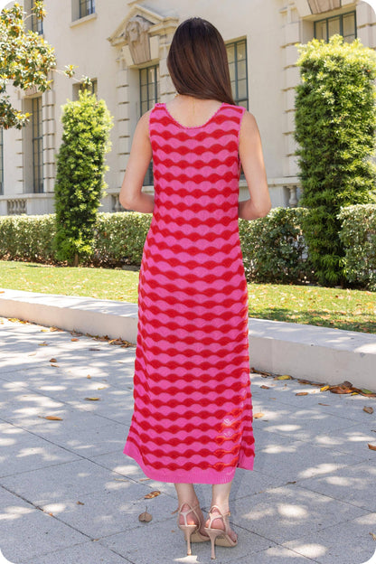 Scalloped Wavy Stripe Knit Sleeveless Midi Dress