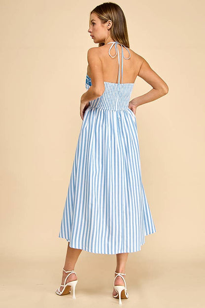 Scalloped halter neckline midi dress with embroidery detail