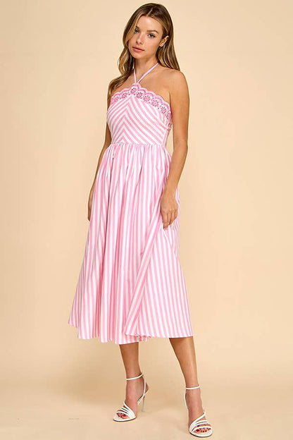 Scalloped halter neckline midi dress with embroidery detail