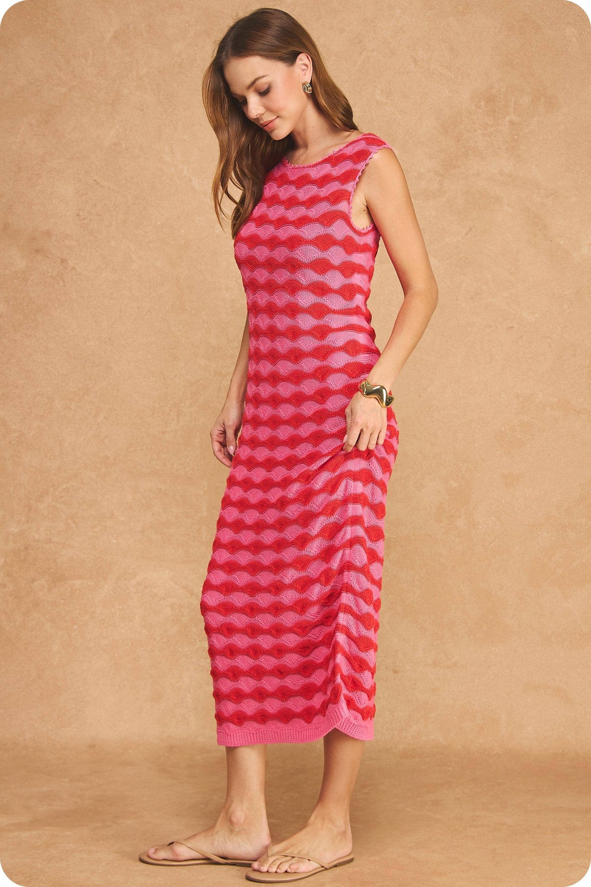 Scalloped Wavy Stripe Knit Sleeveless Midi Dress