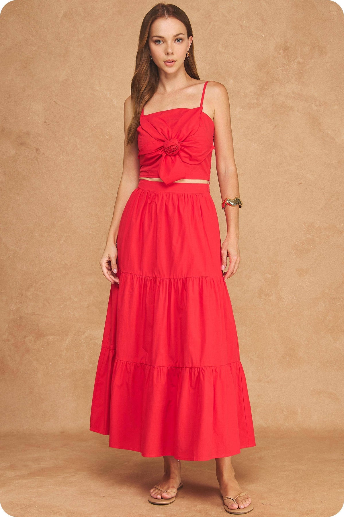 Flower Rosette Detail Crop Top & Tiered Midi Skirt Set