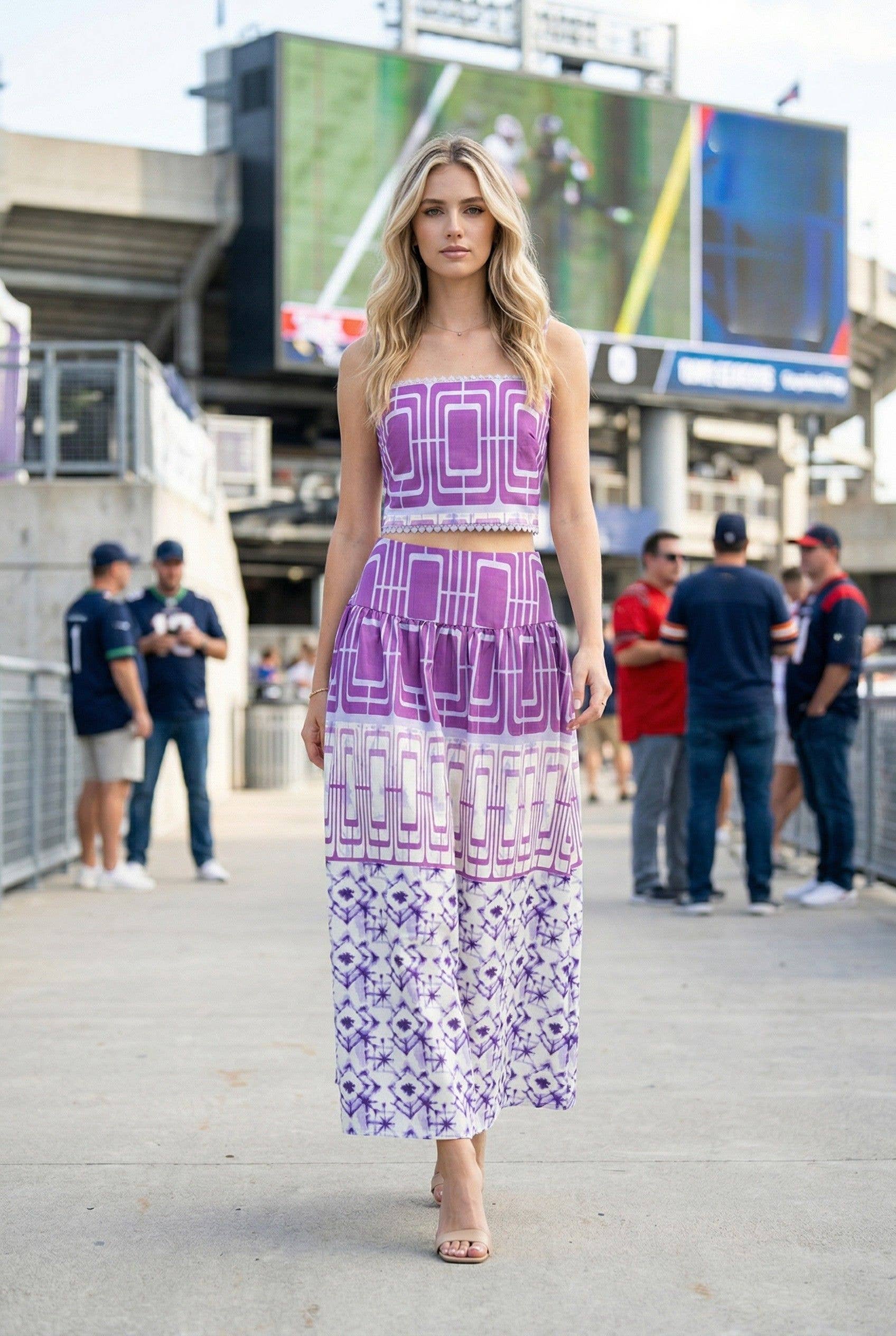 Geometric printed crop top and midi skirt set