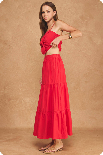 Flower Rosette Detail Crop Top & Tiered Midi Skirt Set