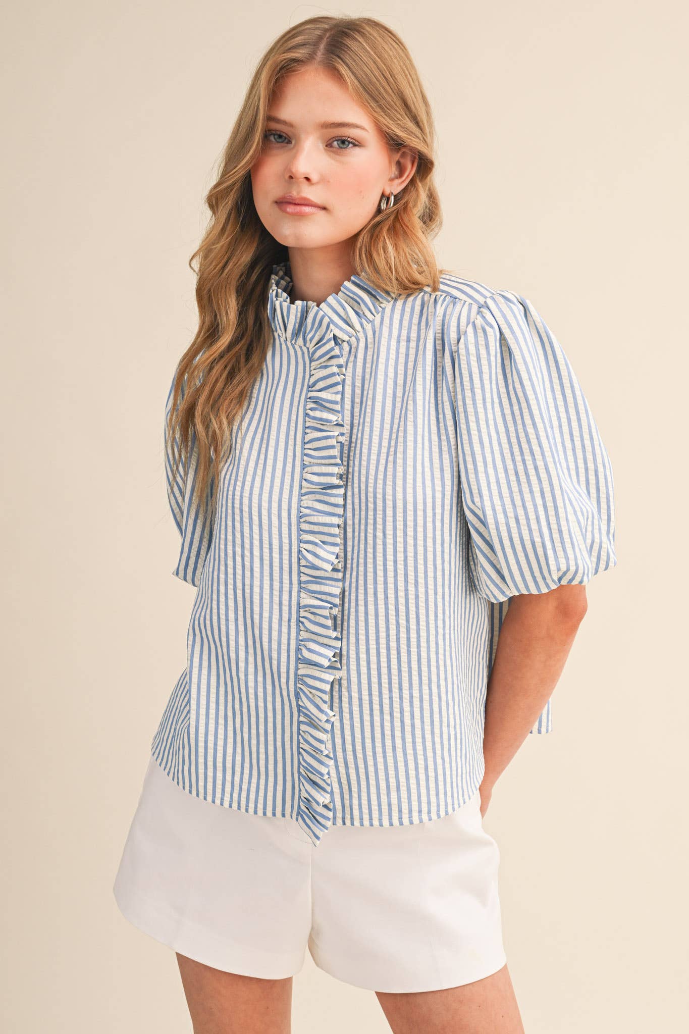 STRIPED RUFFLED BUTTON DOWN TOP MTP4692