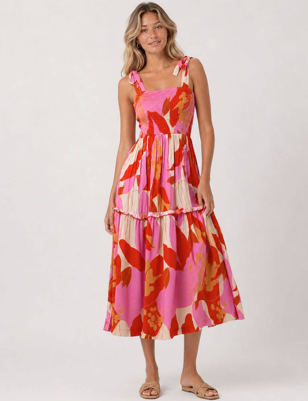 Ladies Abstract Print Smocked Tie Strap Square Neck Midi Dress