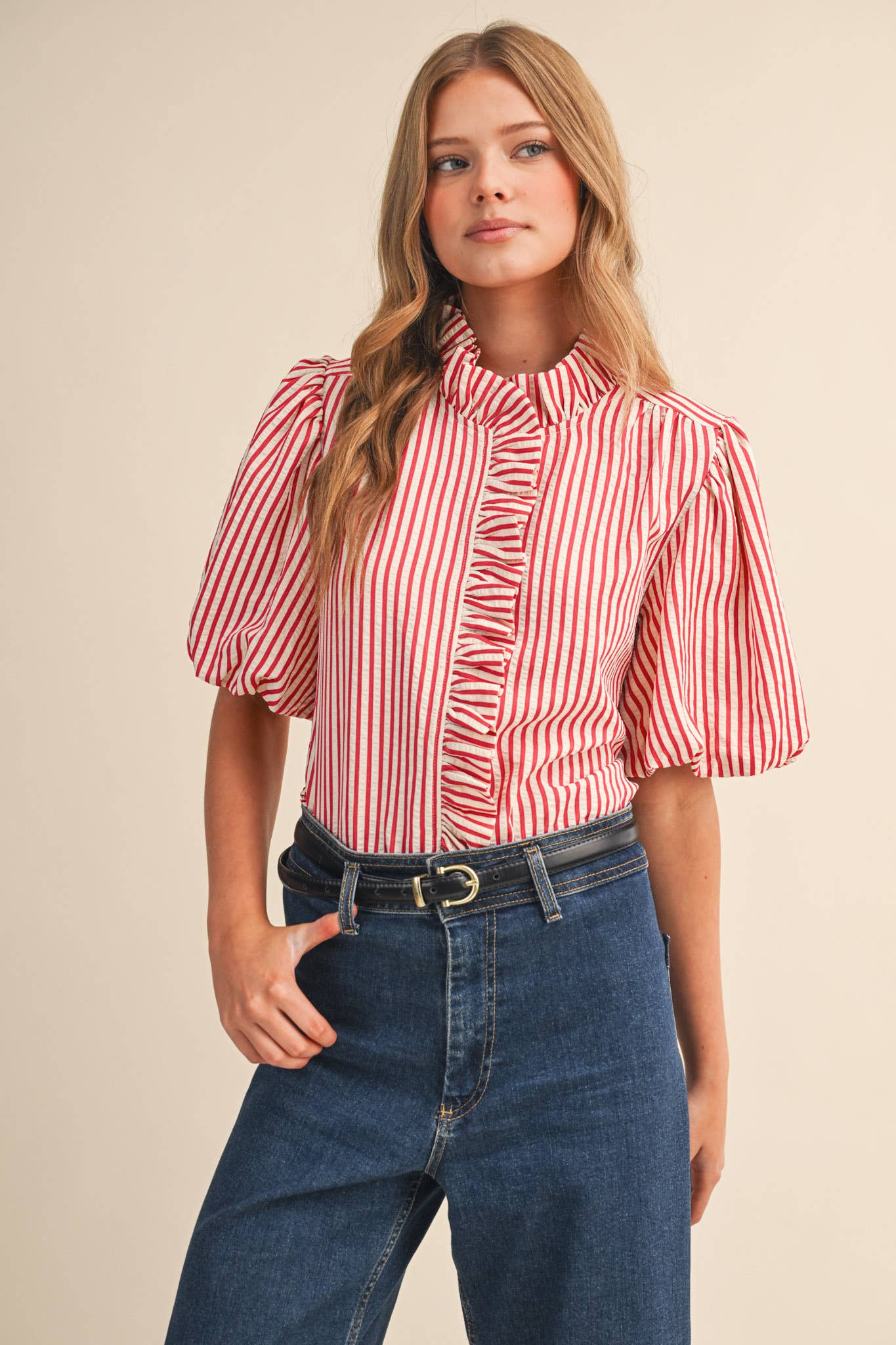 STRIPED RUFFLED BUTTON DOWN TOP MTP4692