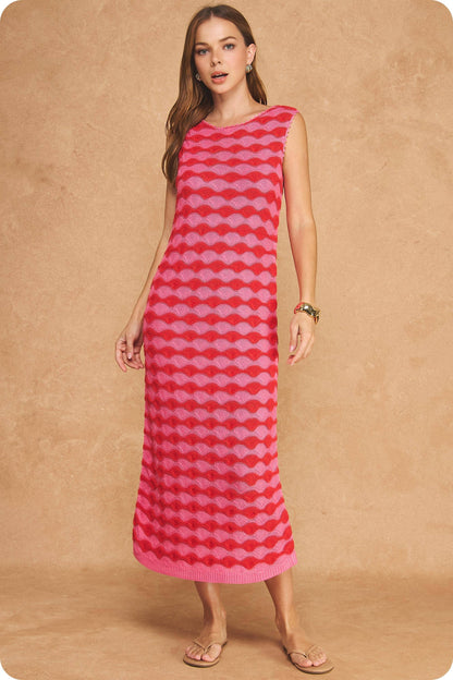Scalloped Wavy Stripe Knit Sleeveless Midi Dress