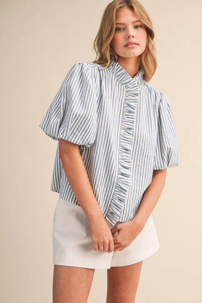 STRIPED RUFFLED BUTTON DOWN TOP MTP4692