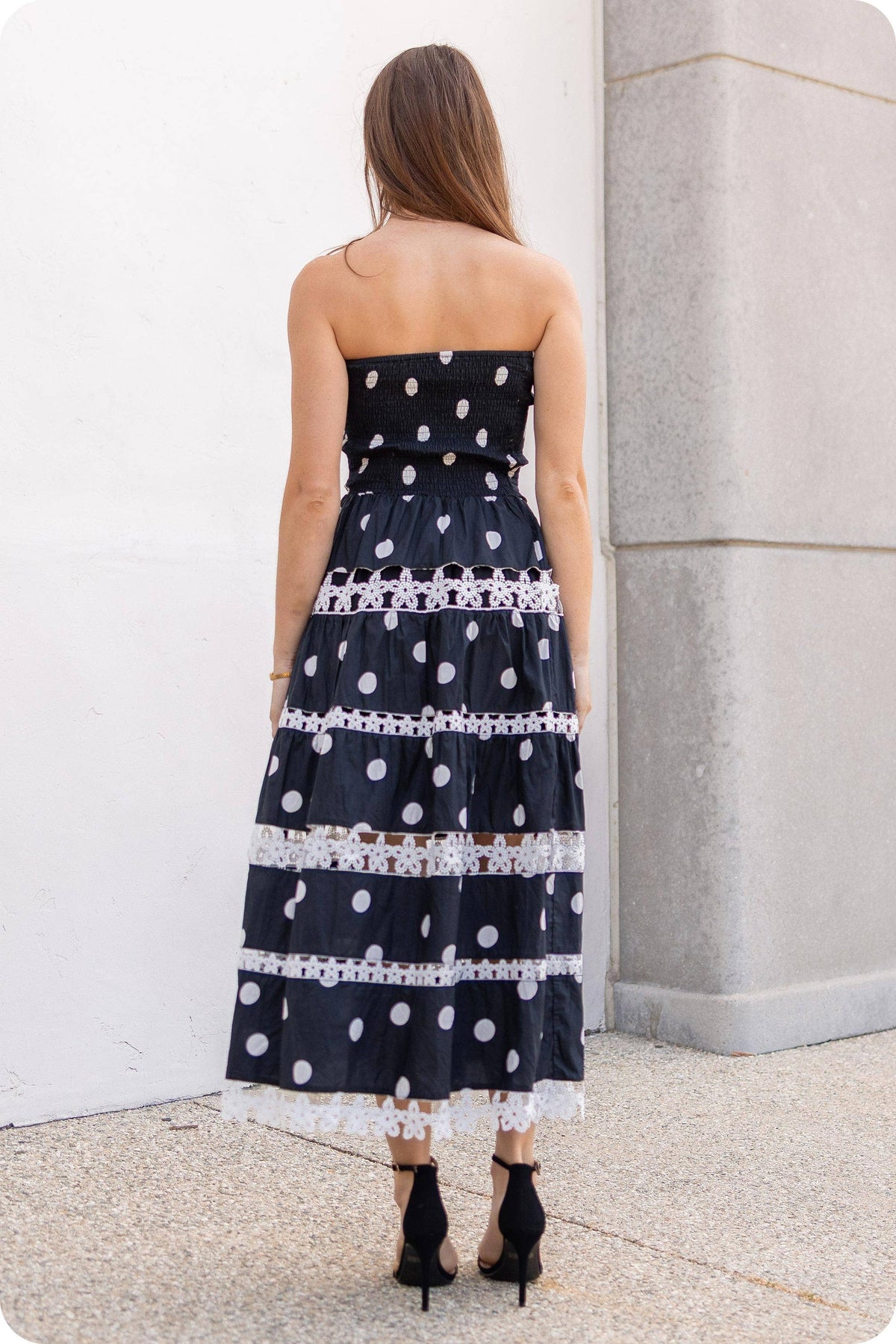 Polka Dot Lace Trim Detail Tube Long Dress