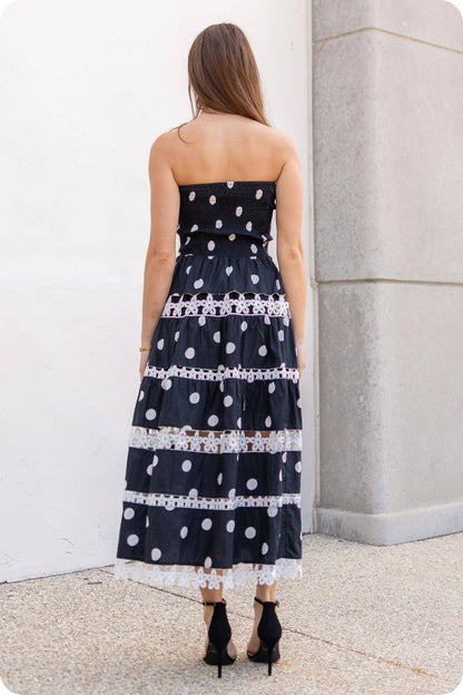 Polka Dot Lace Trim Detail Tube Long Dress
