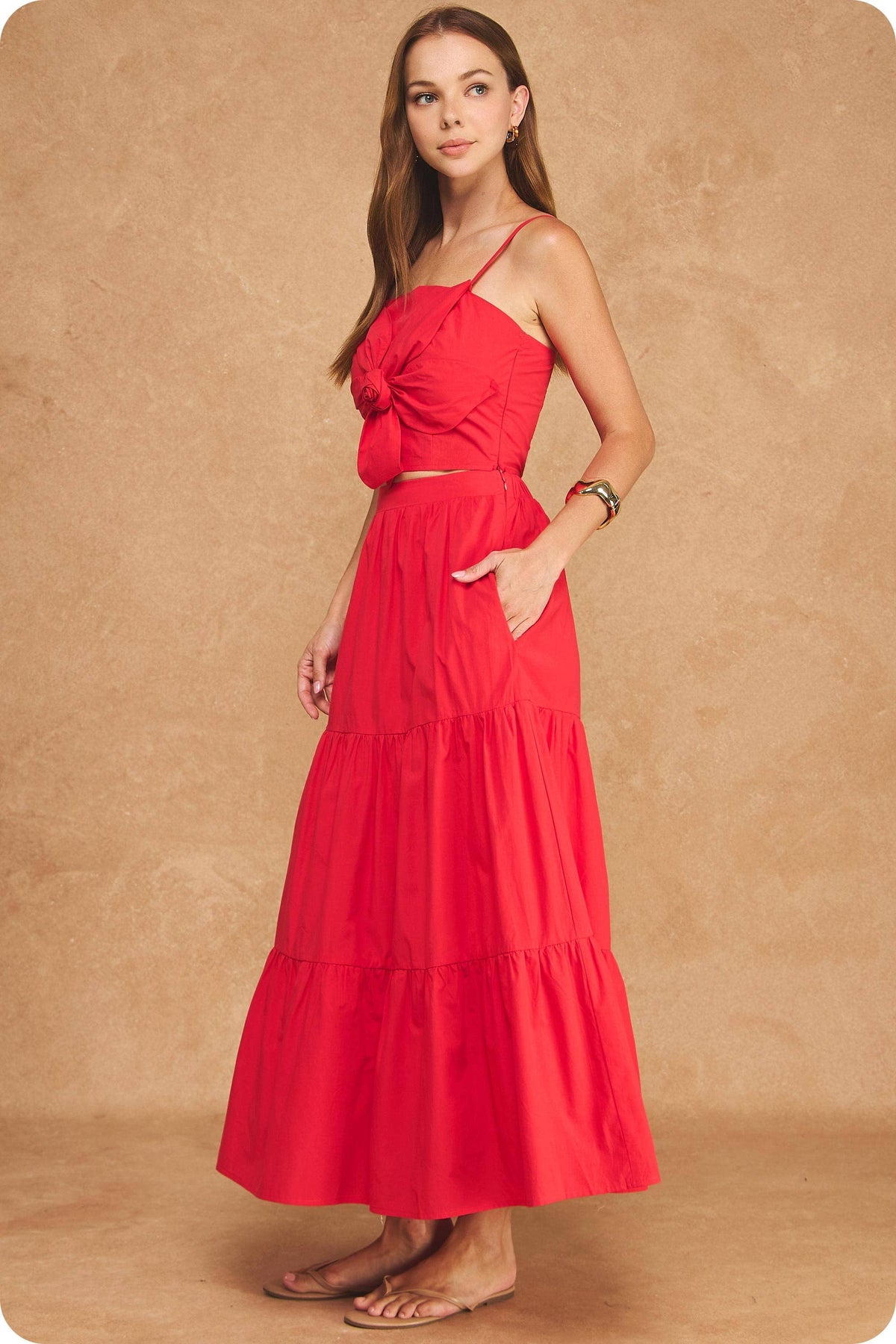 Flower Rosette Detail Crop Top & Tiered Midi Skirt Set