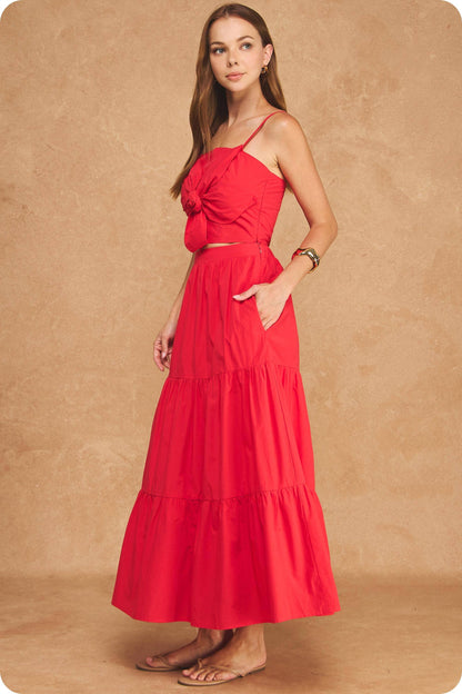 Flower Rosette Detail Crop Top & Tiered Midi Skirt Set