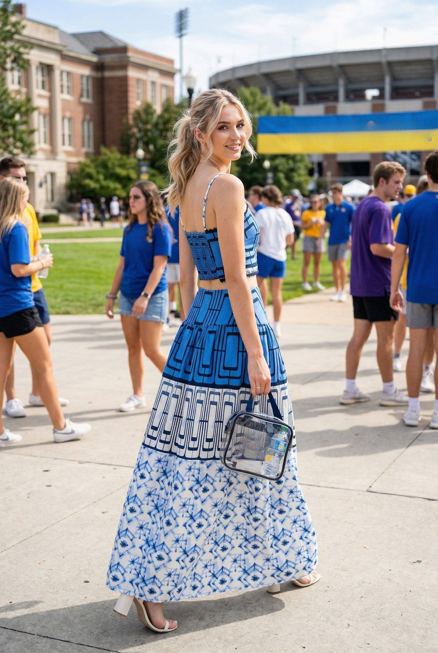 Geometric printed crop top and midi skirt set