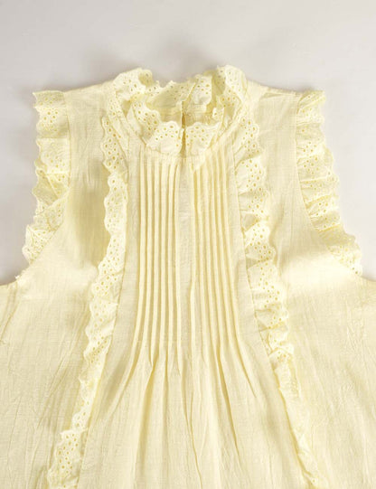 Ladies Boho Eyelet Lace Pleated Round Neck Sleeveless Babydoll Top