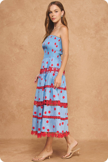 Polka Dot Lace Trim Detail Tube Long Dress