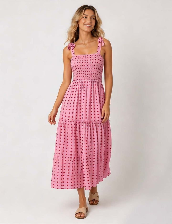 Ladies Abstract Print Smocked Tie Strap Square Neck Midi Dress