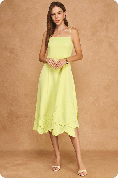3D Floral Appliqué Sleeveless Square Neck Midi Dress