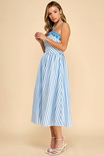 Scalloped halter neckline midi dress with embroidery detail