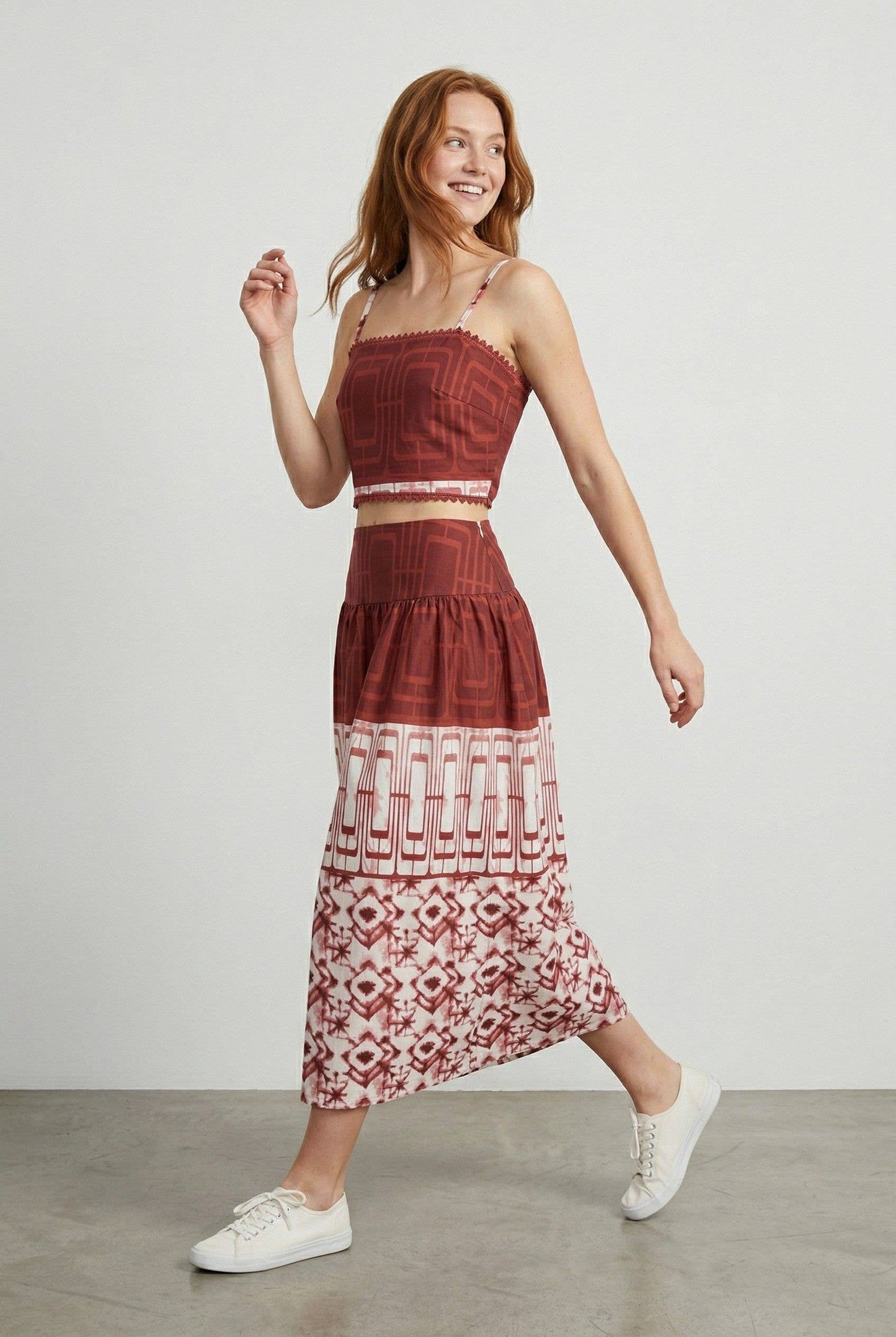Geometric printed crop top and midi skirt set