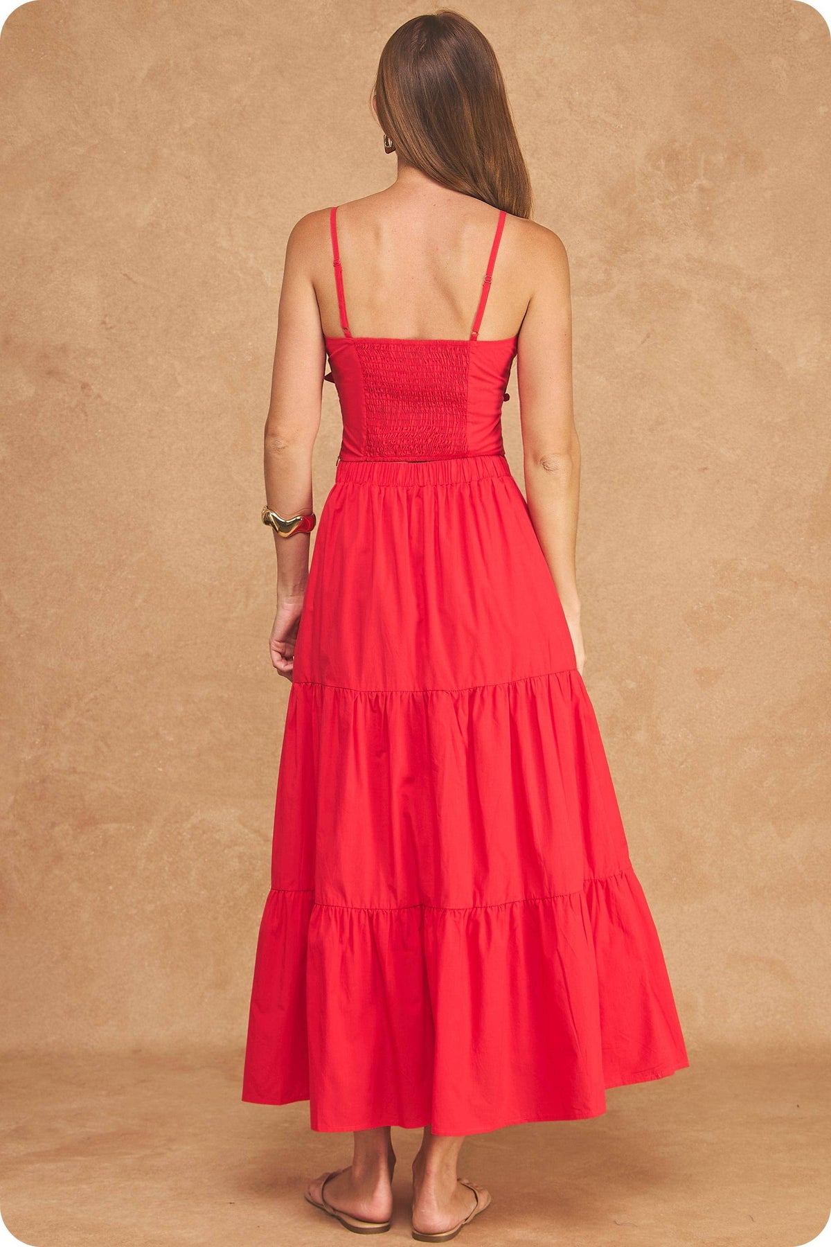 Flower Rosette Detail Crop Top & Tiered Midi Skirt Set