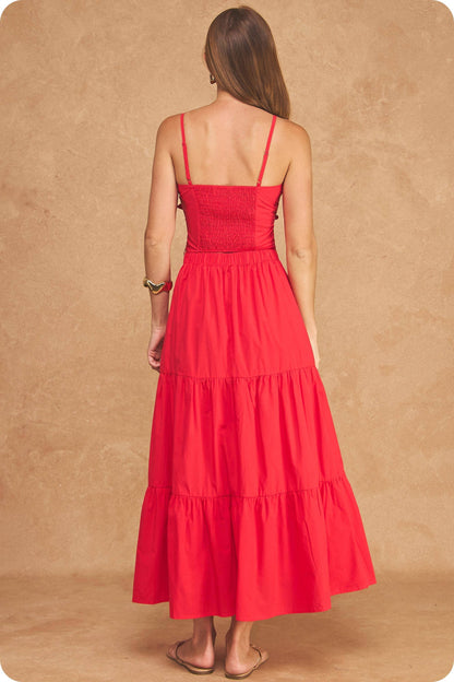 Flower Rosette Detail Crop Top & Tiered Midi Skirt Set