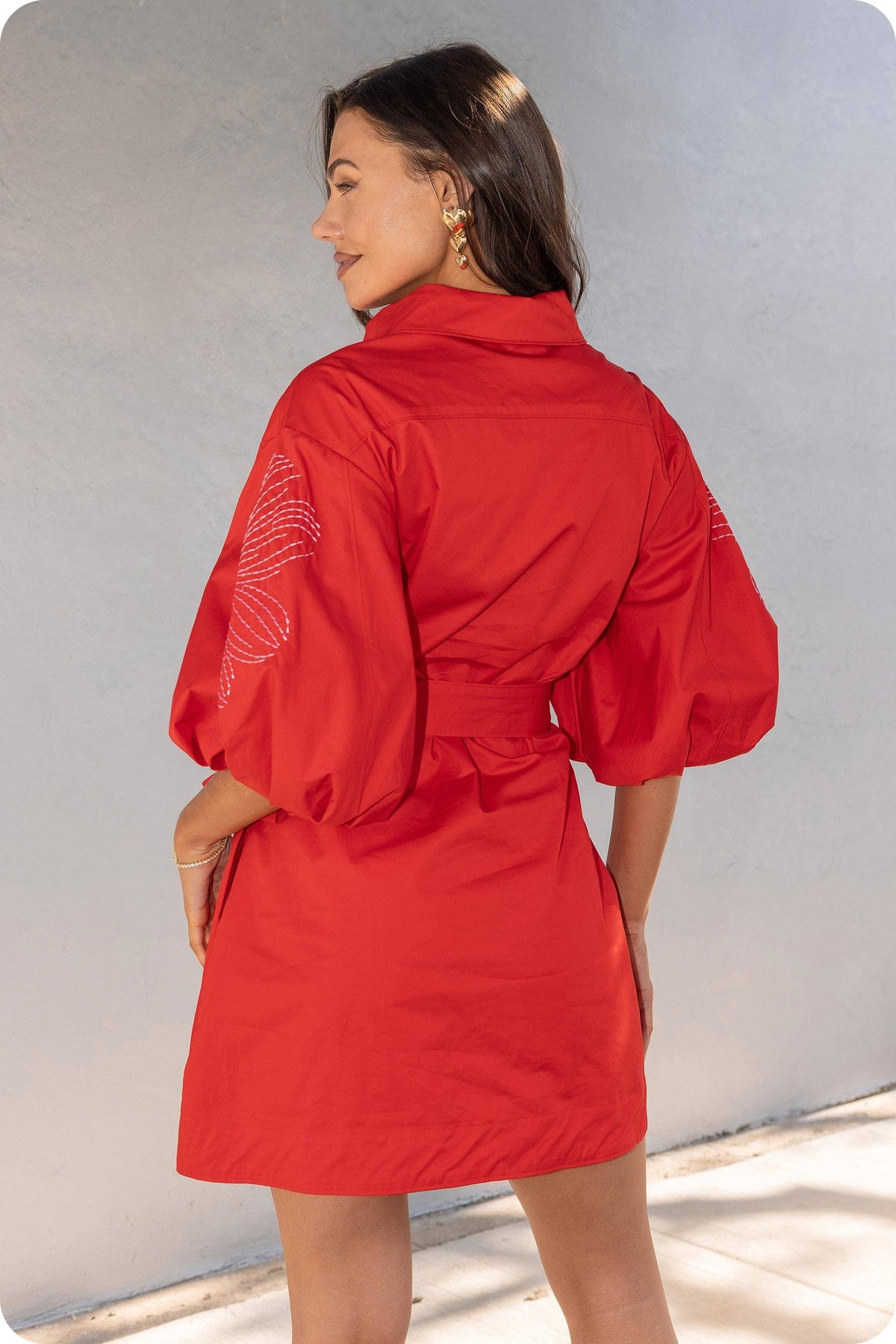 Embroidered Puff Sleeve Belted Mini Shirt Dress