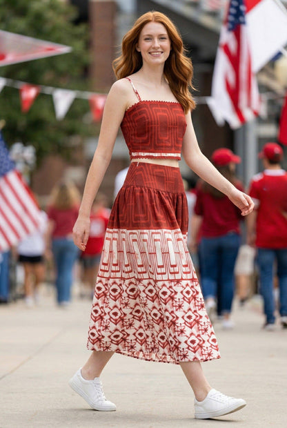 Geometric printed crop top and midi skirt set