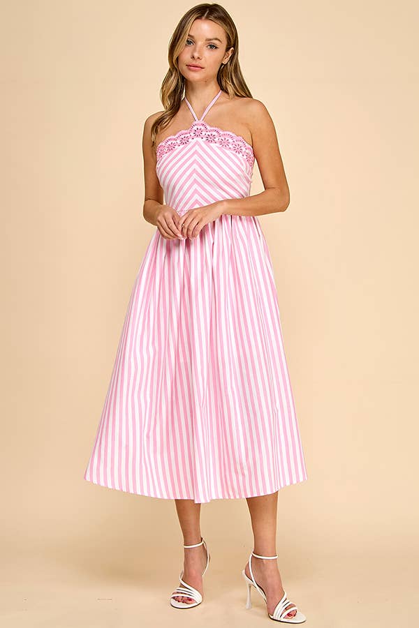 Scalloped halter neckline midi dress with embroidery detail