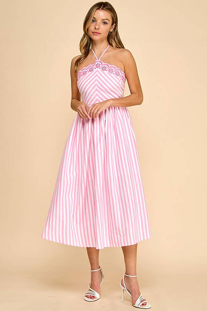 Scalloped halter neckline midi dress with embroidery detail