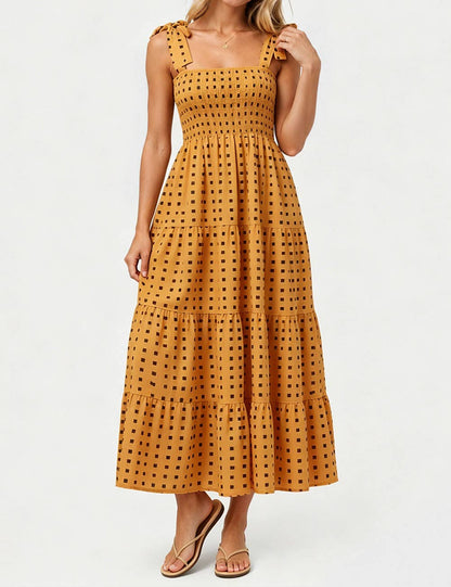 Ladies Abstract Print Smocked Tie Strap Square Neck Midi Dress