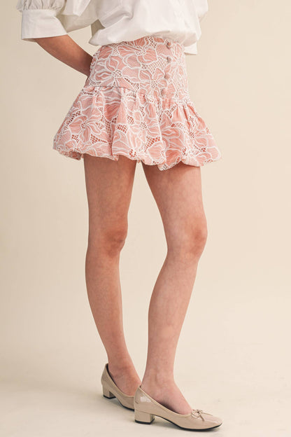 FLORAL EMBROIDERED LACE BUBBLE HEM MINI SKIRT MSK4626
